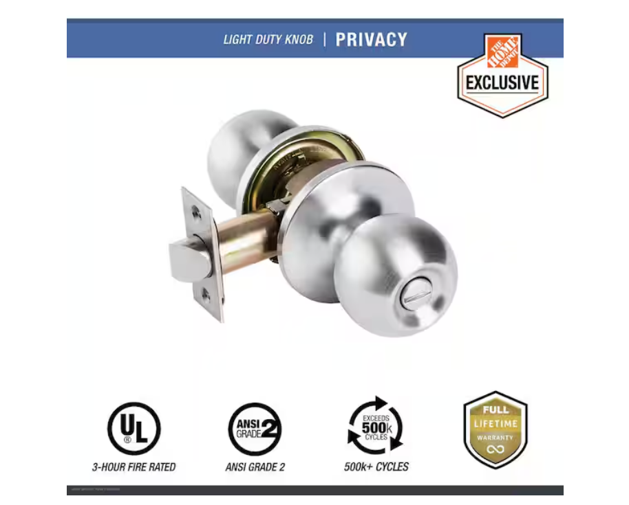 Universal Hardware Light Duty Commercial Privacy (bed/bath) Knob, UL 3-Hour Fire ANSI Grade 2, Satin Chrome Finish