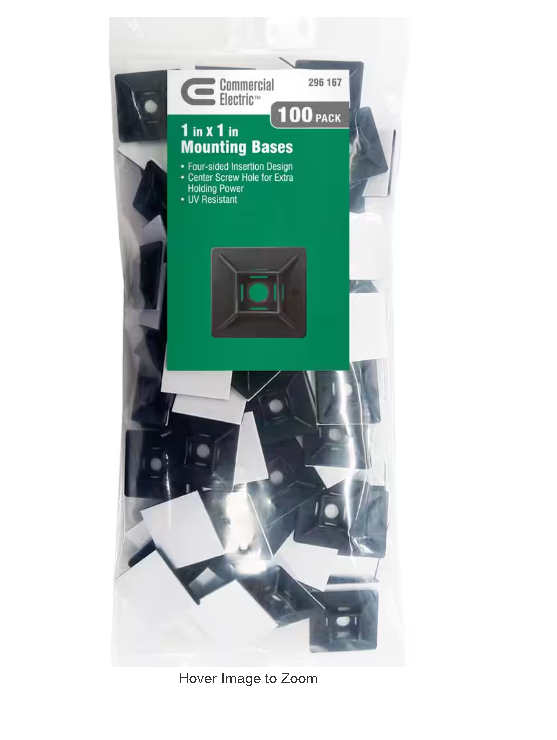 Commercial Electric 1in Standard UV Resistant Mounting Base for Cable Zip Ties 100 Pack UV (Black)