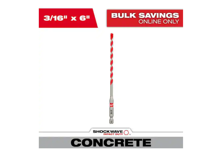 Milwaukee 3/16 in. x 4 in. x 6 in. SHOCKWAVE Carbide Hammer Drill Bit for Concrete, Stone, Masonry Drilling