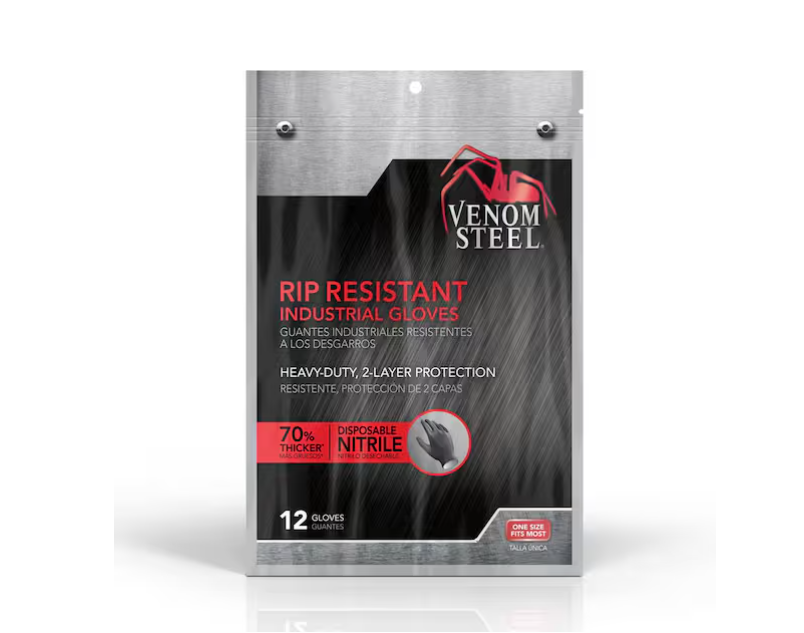 Venom Steel Rip Resistant 2 Layer One Size Fits Most Nitrile Gloves in Black 12 Count