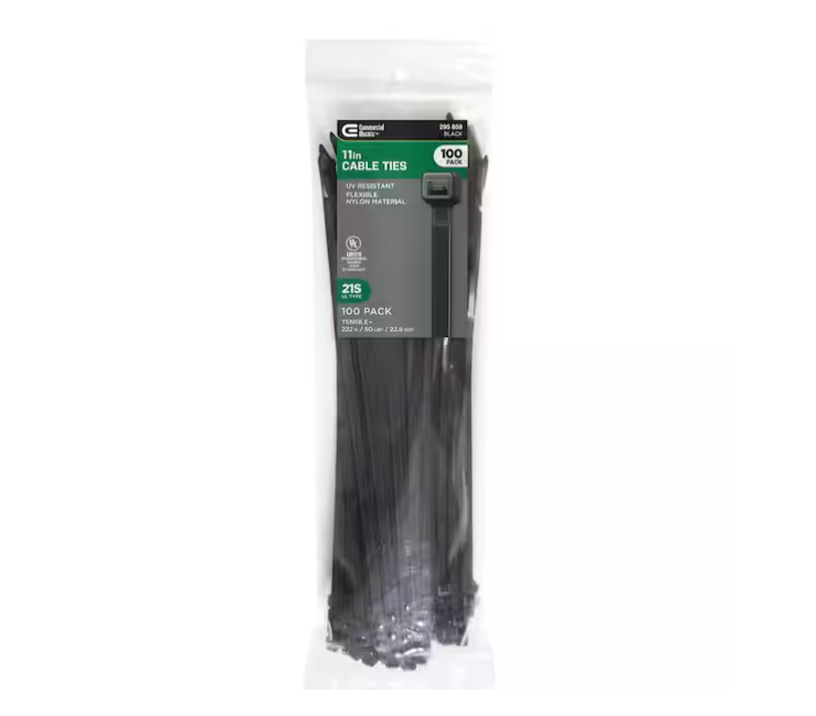 Commercial Electric 11in Standard 50lb Tensile Strength UL 21S Rated Cable Zip Ties 100 Pack UV (Black)