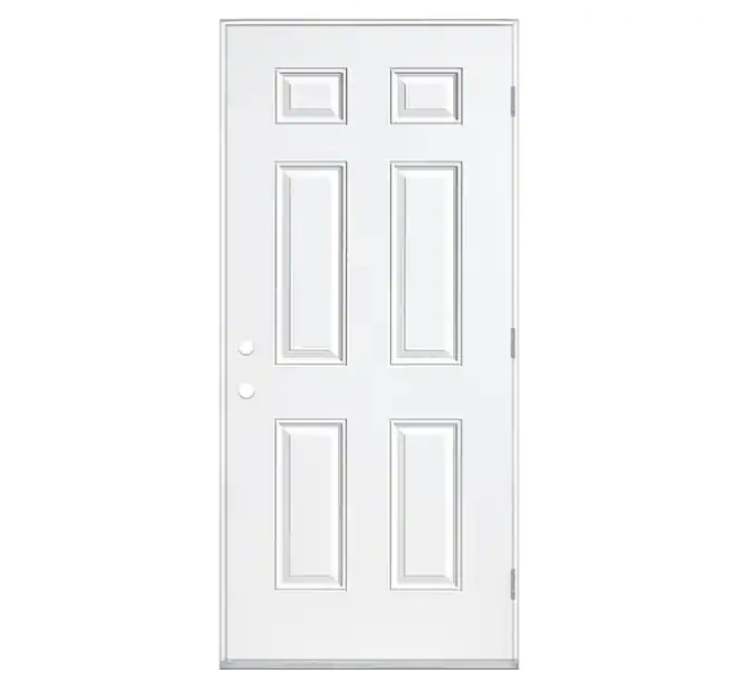 Masonite 36 in. x 80 in. Premium 6 Panel Left Hand Outswing Primed Impact Steel Prehung Front Exterior Door No Brickmold