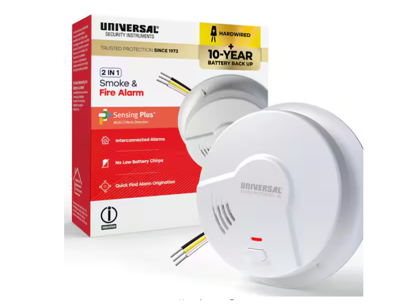 Universal Security Instruments Hardwired and 10-Year Battery Backup Smoke Detector with Ionization Sensor