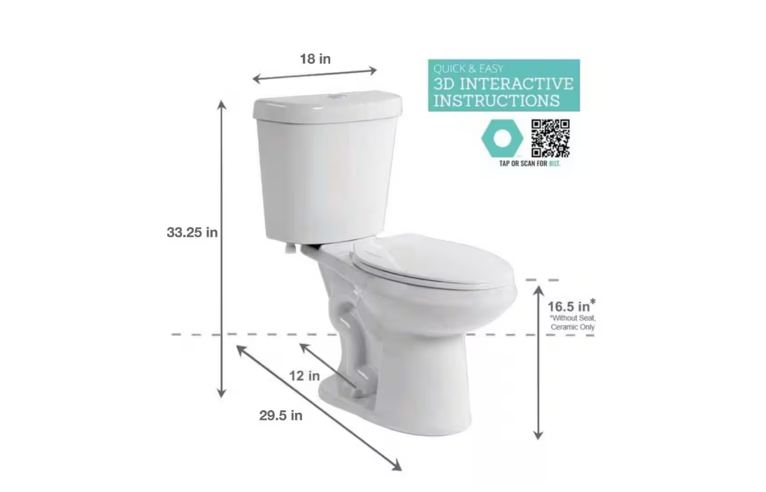 Glacier Bay 12 inch Rough In Two-Piece 1.1 GPF/1.6 GPF Dual Flush Elongated Toilet in White Seat Included