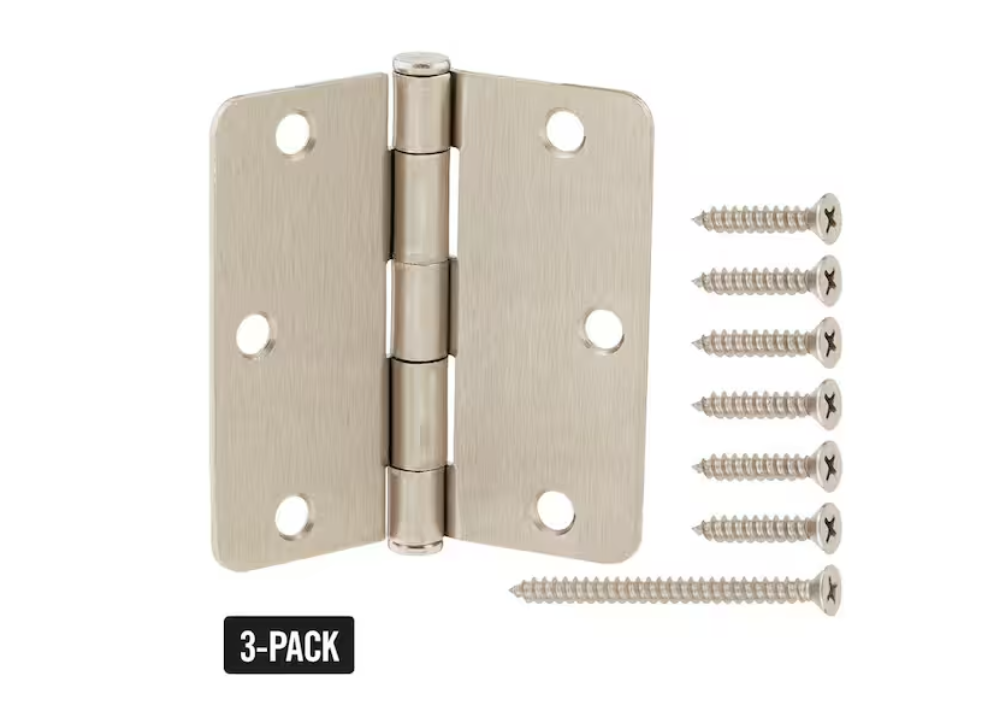 Everbilt 3-1/2 in. x 1/4 in. Radius Satin Nickel Squeak-Free Door Butt Door Hinge (3-Pack)