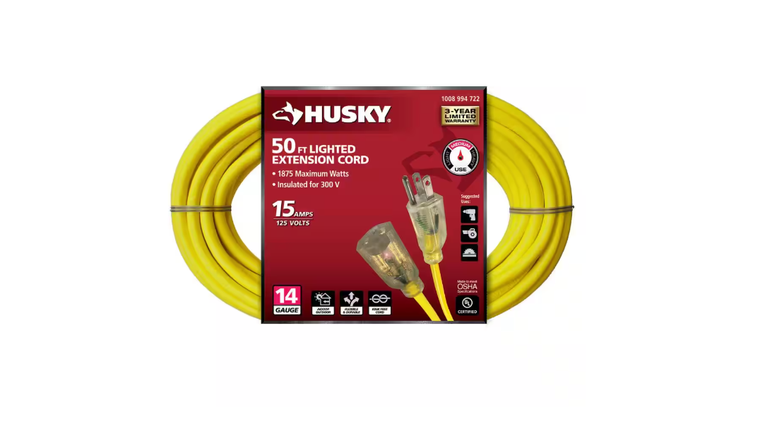 Husky 50 ft. 14/3 Medium Duty Indoor/Outdoor Extension Cord with Lighted End, Yellow