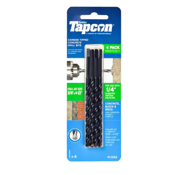 Tapcon 3/16 in. x 4-1/2 in. Steel Carbide Tip Smooth Shank Masonry Drill Bit Set (4-Pack)