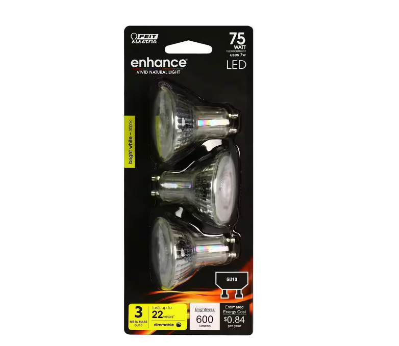 Feit Electric 75-Watt Equivalent MR16 GU10 Dimmable Recessed Track Lighting 90 Plus CRI Flood LED Light Bulb, Bright White (3-Pack)