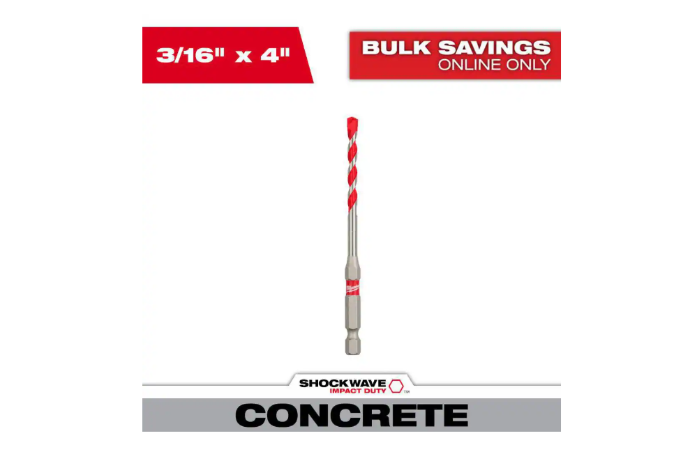 Milwaukee 3/16 in. x 2 in. x 4 in. SHOCKWAVE Carbide Hammer Drill Bit for Concrete, Stone, Masonry Drilling