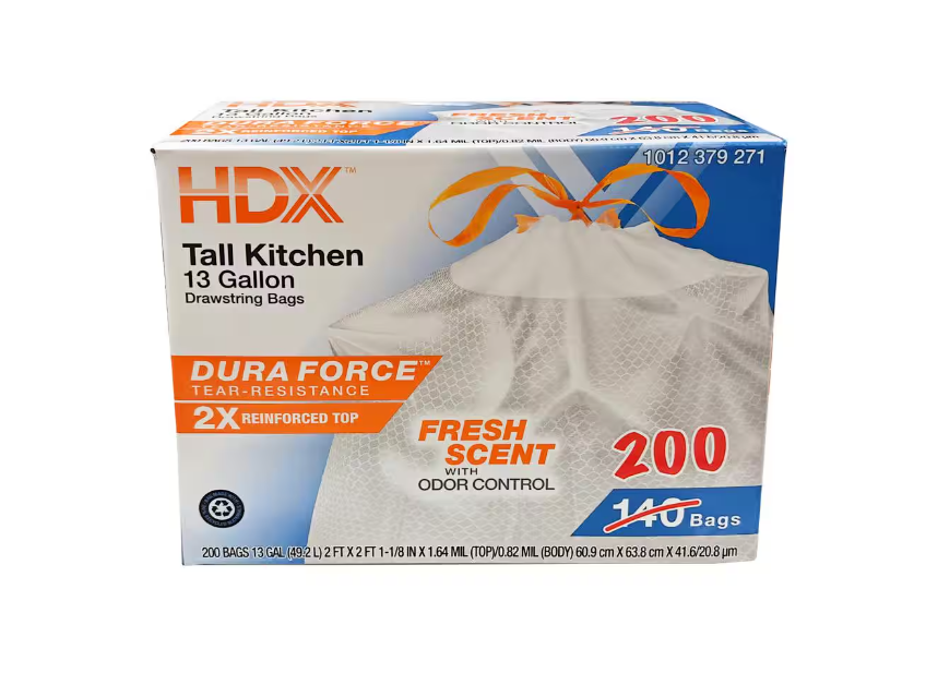 HDX 13 Gallon Reinforced Top Drawstring Fresh Scented Tall Kitchen Trash Bags with 20% PCR (200-Count)