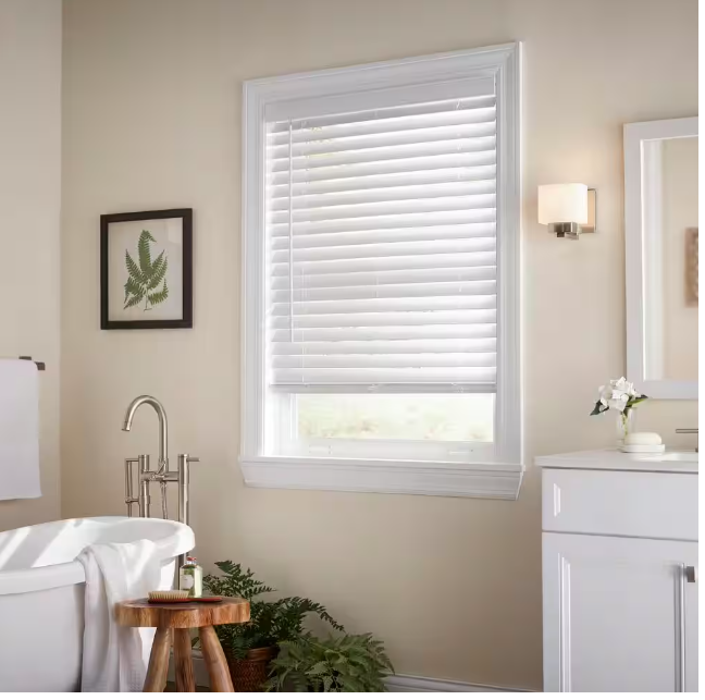 White Cordless Faux Wood Blinds for Windows with 2 in. Slats - 29 in. W x 48 in. L (Actual Size 28.5 in. W x 48 in. L)