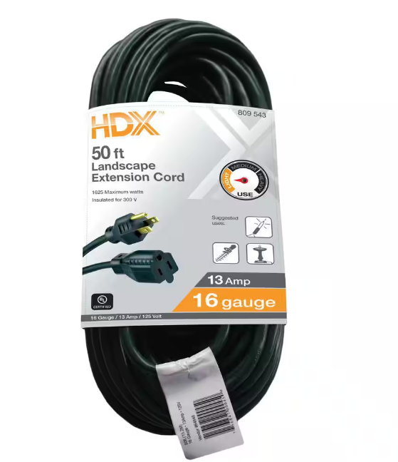 HDX 50 ft. 16/3 Light Duty Indoor/Outdoor Landscape Extension Cord, Green