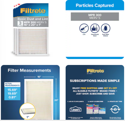 Filtrete 16 x 20 x 1 MERV 5 300 MPR Basic Dust and Lint Electrostatic Air Filter 3 -Pack