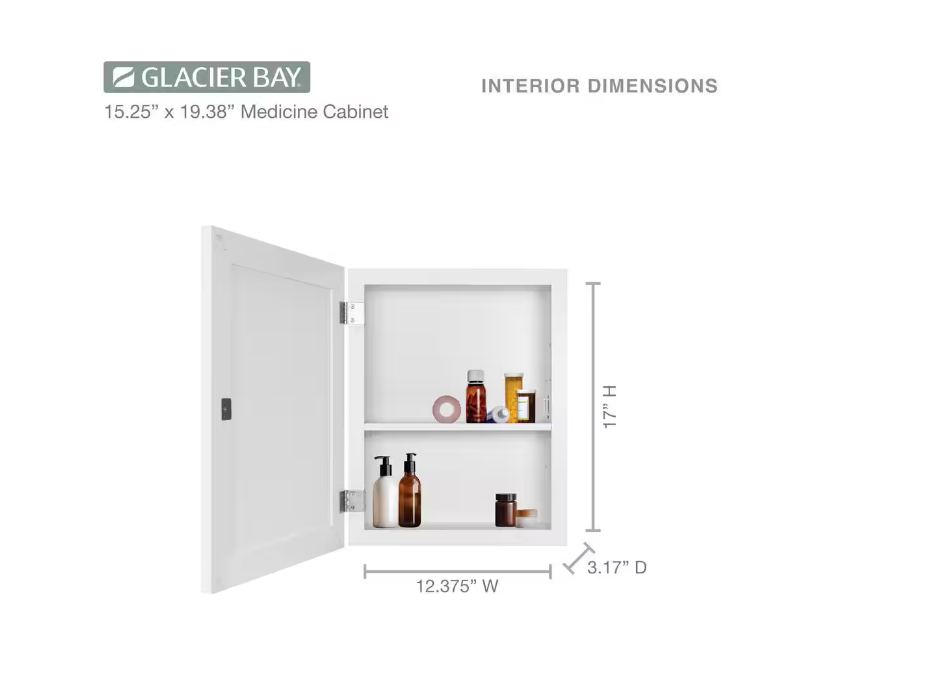 Glacier Bay 15-1/4 in. W x 19-3/8 in. H Rectangular Framed Recessed or Surface-Mount Bathroom Medicine Cabinet with Mirror, White