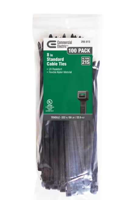Commercial Electric 8in Standard 50lb Tensile Strength UL 21S Rated Cable Zip Ties 100 Pack UV (Black)