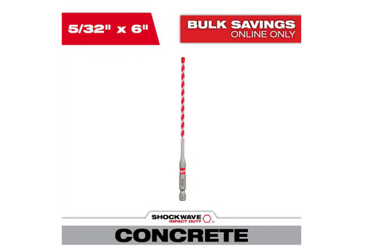 Milwaukee 5/32 in. x 4 in. x 6 in. SHOCKWAVE Carbide Hammer Drill Bit for Concrete, Stone, Masonry Drilling