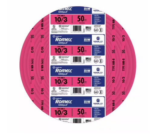 Southwire 50 ft. 10-Gauge/3 Solid Romex SIMpull CU NM-B with G Wire Pink Coil