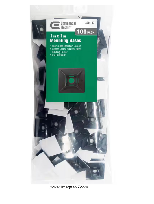 Commercial Electric 1in Standard UV Resistant Mounting Base for Cable Zip Ties 100 Pack UV (Black)
