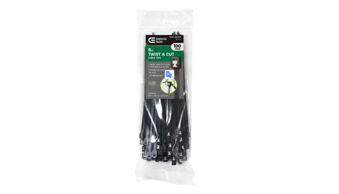 Commercial Electric 8in Twist and Cut UL Listed UV Resistant Cable Zip Ties 100 Pack UV (Black)