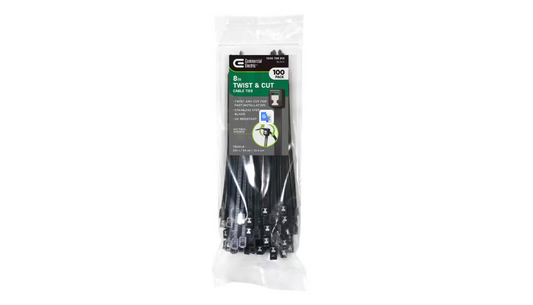 Commercial Electric 8in Twist and Cut UL Listed UV Resistant Cable Zip Ties 100 Pack UV (Black)