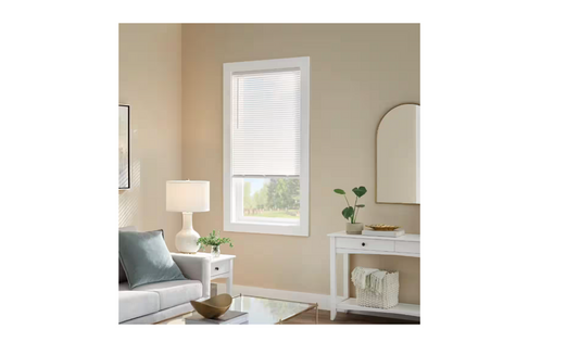 Pre-Cut 72 in. W x 64 in. L Cordless Light Filtering White Vinyl Mini Blind with 1 in. Slats