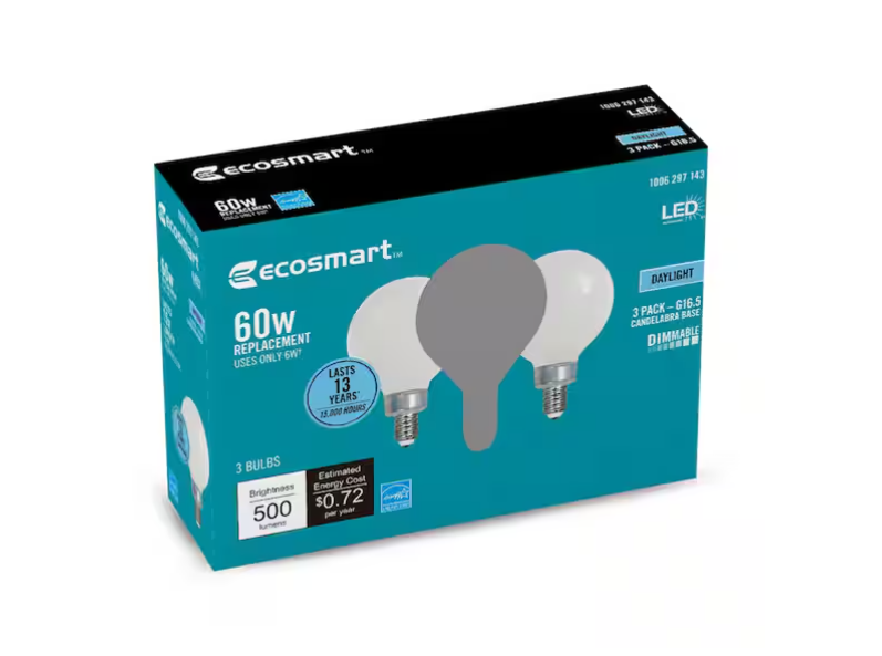 EcoSmart 60-Watt Equivalent G16.5 Dimmable ENERGY STAR CEC Filament LED Light Bulb Daylight (3-Pack)