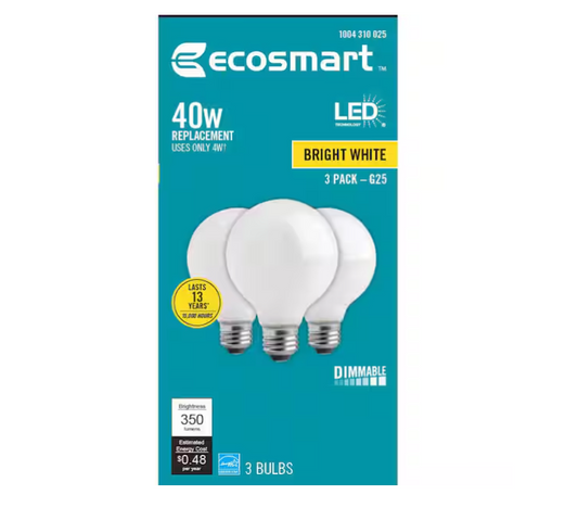EcoSmart 40-Watt Equivalent G25 Dimmable ENERGY STAR Frosted Glass Filament LED Vintage Edison Light Bulb Bright White (3-Pack)