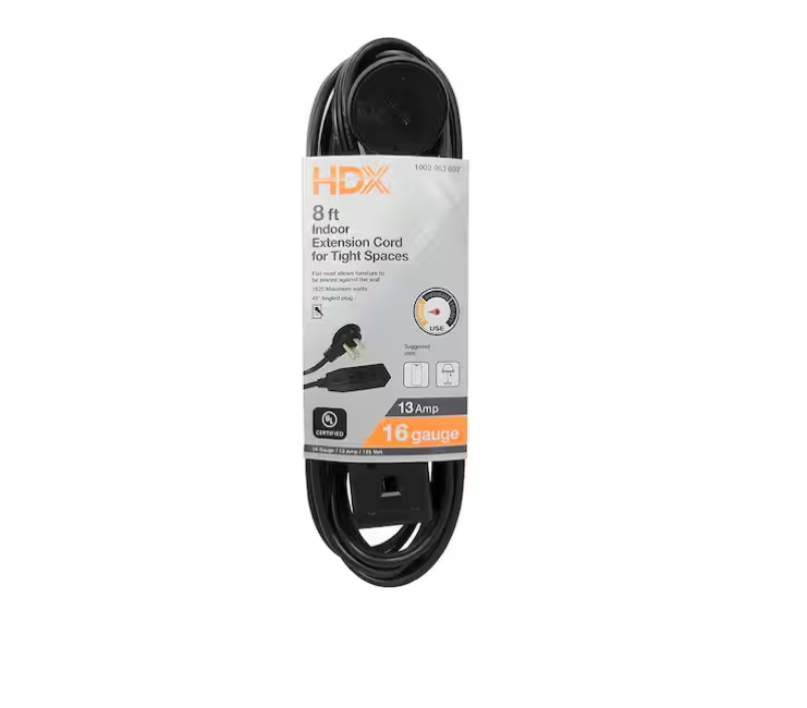 HDX 8 ft. 16/3 Light Duty Indoor Tight Space Multi-Outlet Extension Cord with Banana Tap, Black
