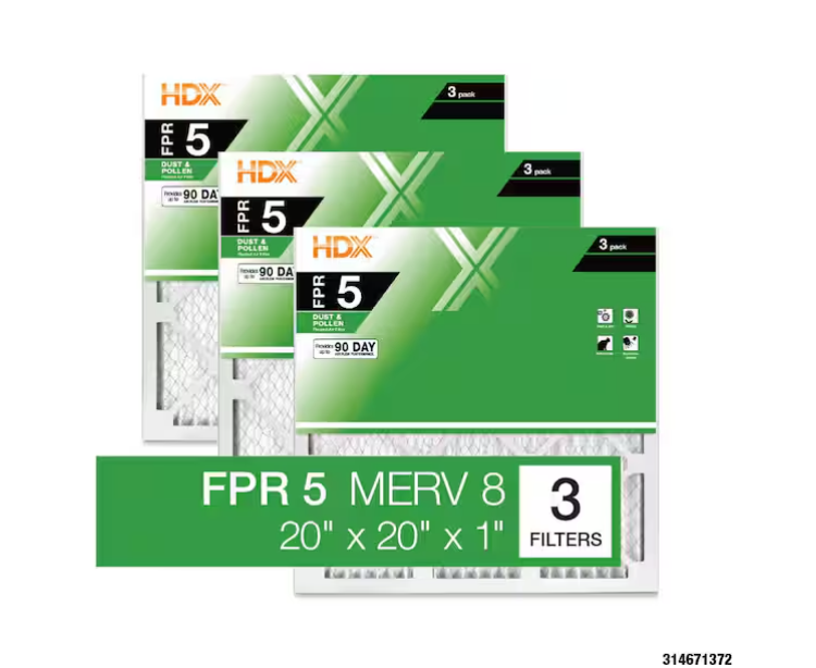 HDX 20 in. x 20 in. x 1 in. Standard Pleated Furnace Air Filter FPR 5, MERV 8 (3-Pack)