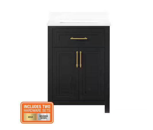 Home Decorators Collection Beaufort 24 in. Single Sink Freestanding Black Bath Vanity with White Engineered Stone Top (Assembled)