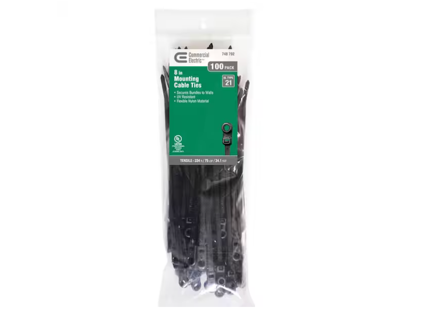 Commercial Electric 8in Mountable 75lb Tensile Strength UL 21 Rated Cable Zip Ties 100 Pack UV (Black)