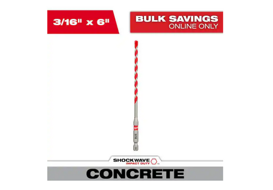 Milwaukee 3/16 in. x 4 in. x 6 in. SHOCKWAVE Carbide Hammer Drill Bit for Concrete, Stone, Masonry Drilling