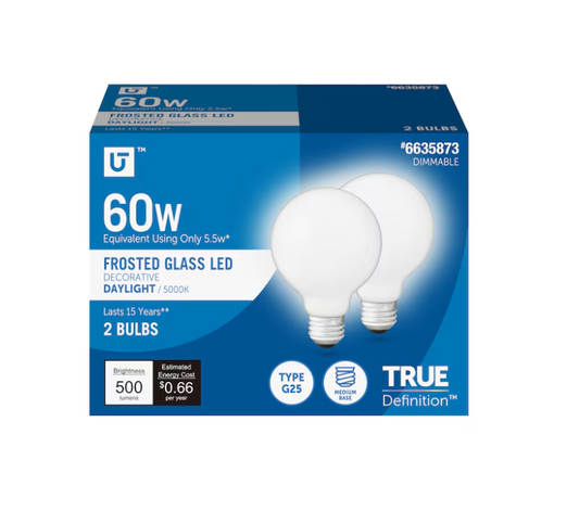 Utilitech Led light bulb 60 -Watt EQ G25 Daylight Medium screw base E26 Dimmable LED Decorative Light Bulb 2 -Pack