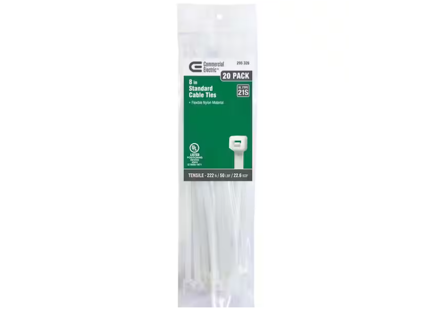 Commercial Electric 8in Standard 50lb Tensile Strength UL 21S Rated Cable Zip Ties 20 Pack Natural (White)
