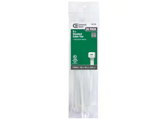 Commercial Electric 8in Standard 50lb Tensile Strength UL 21S Rated Cable Zip Ties 20 Pack Natural (White)
