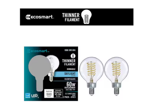 EcoSmart 60-Watt Equivalent G16.5 Dimmable Fine Bendy Filament LED Vintage Edison Light Bulb Daylight (2-Pack)