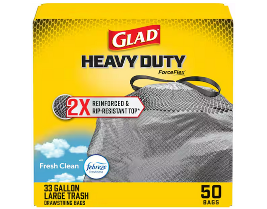 Glad 33 Gal. Heavy Duty 2x Reinforced and Rip Resistant Top Large Drawstring Outdoor Black Trash Bags (50-Count)