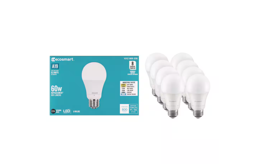 EcoSmart 60-Watt Equivalent A19 Dimmable LED Light Bulb with Selectable Color Temperature (8-Pack)