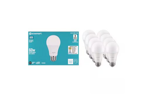 EcoSmart 60-Watt Equivalent A19 Dimmable LED Light Bulb with Selectable Color Temperature (8-Pack)