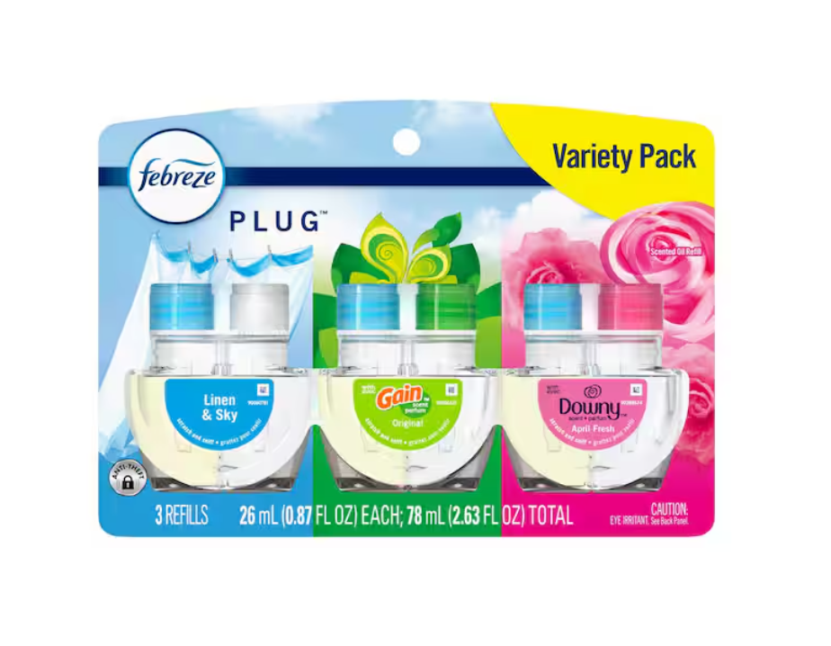 Febreze 2.63 oz Variety Pack Linen, Gain Original, and April Fresh Scented Oil Plug-In Automatic Air Freshener Refill (3-Count)