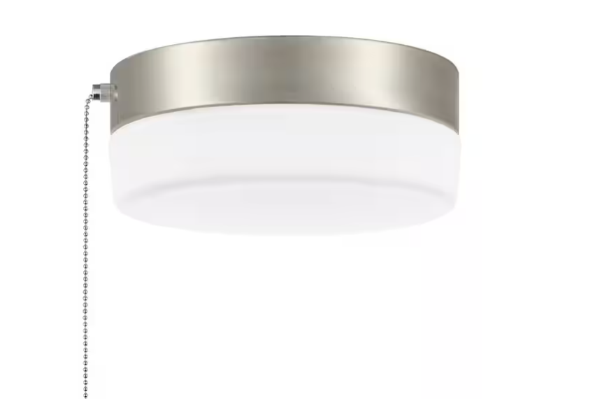 Hampton Bay Hanafin 9 in. Light Brushed Nickel Integrated LED Ceiling Flush Mount w/ Glass Shade and Pull Chain, Soft White (3000K)