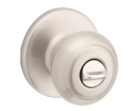 Kwikset Cove Satin Nickel Privacy Door Knob with Lock for Bedroom or Bathroom featuring Microban Technology