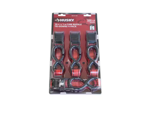 Husky 10 ft. x 1 in. Cam Buckle Tie-Down Straps with S-Hook (4-Pack)