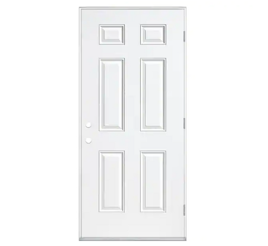 Masonite 36 in. x 80 in. Premium 6 Panel Left Hand Outswing Primed Impact Steel Prehung Front Exterior Door No Brickmold