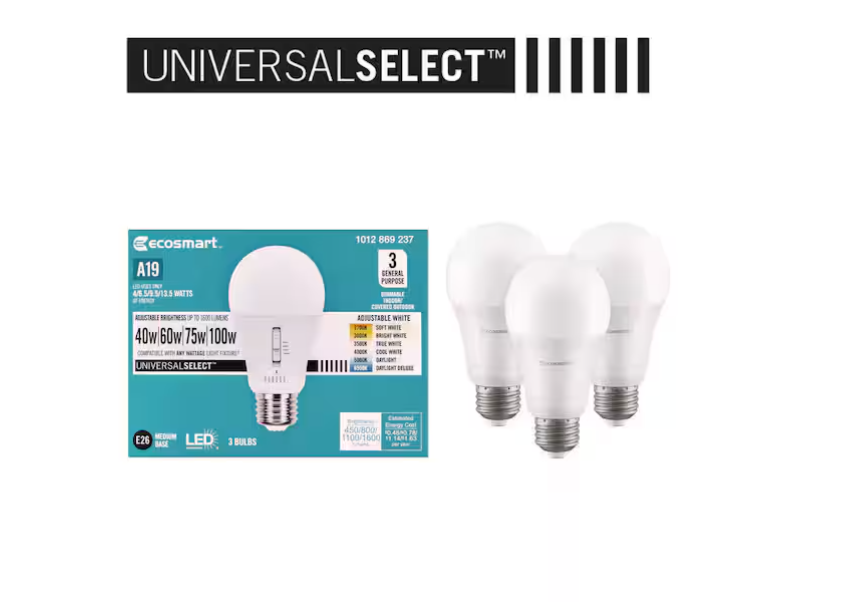 EcoSmart Universal Select 40/60/75/100-Watt Equivalent A19 Dimmable LED Light Bulb with Selectable Color Temperature (3-Pack)