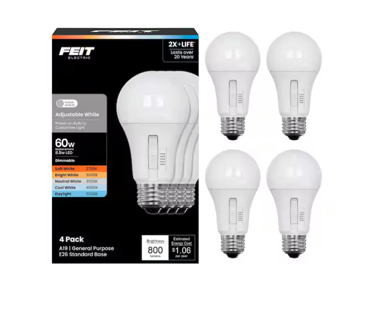 Feit Electric 60-Watt Equivalent A19 Dimmable 90 CRI E26 LED Light Bulb Selectable White (2700K/3000K/3500K/4000K/5000K) 4-Pack