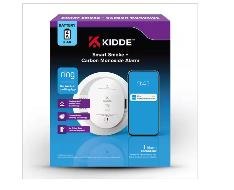 Kidde AA Battery-Powered Smart Smoke and CO Detector, Ring App Enabled, Wireless Interconnect, Voice Alerts, RGCUDR-RW