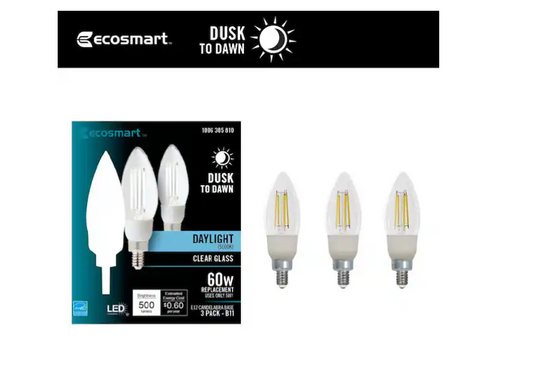 EcoSmart 60-Watt Equivalent B11 E12 Candelabra CEC Cage Filament Dusk to Dawn LED Vintage Edison Light Bulb Daylight (3-Pack)