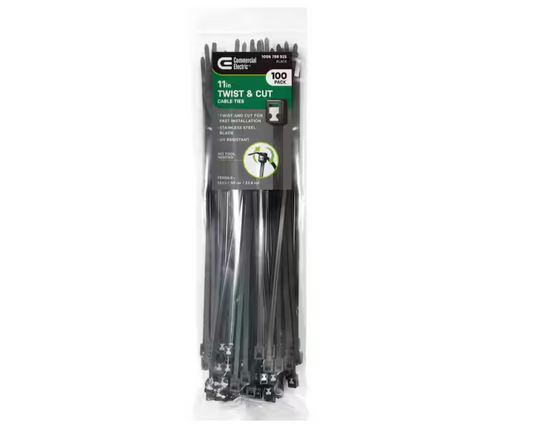 Commercial Electric 11in Twist and Cut UL Listed UV Resistant Cable Zip Ties 100 Pack UV (Black)
