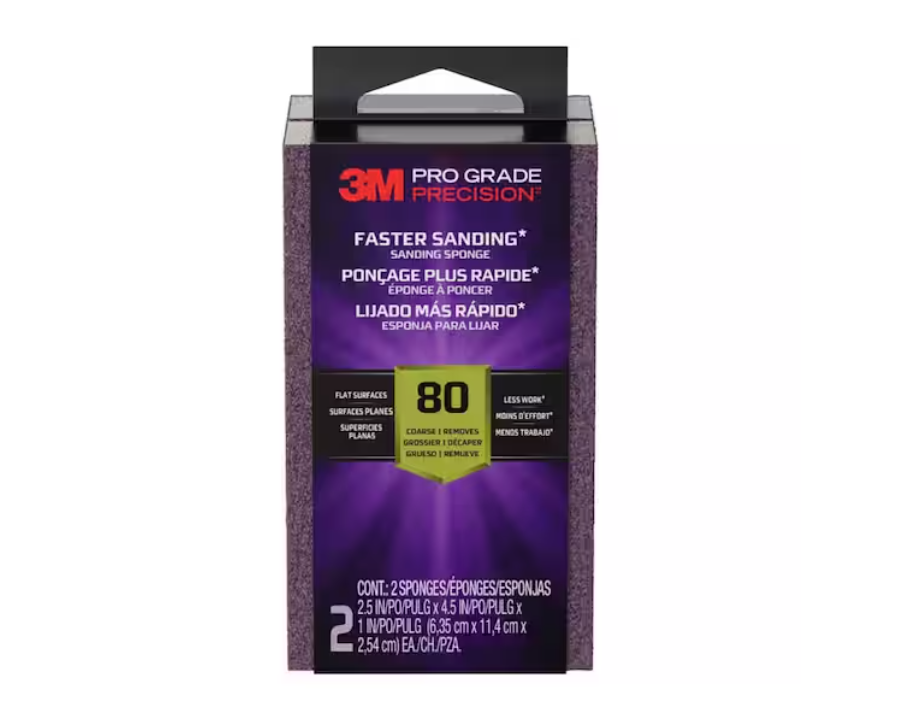 3M Pro Grade Precision 2 1/2 in. x 4-1/2 in. x 1 in. 80-Grit Coarse Block Sanding Sponge (2-Pack)